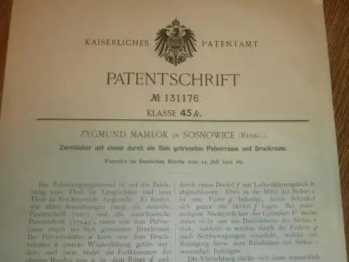 original Patent - Zygmund Mamlok in Sosnowice , 14.07.1901 , Zerstäuber für Pulver , Russland !!