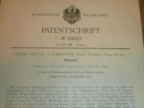 original Patent - Georg Kittel in Tomaszow i. Polen , 15.10.1898 , Webschaft , Weberei , Webstuhl , Russland !!