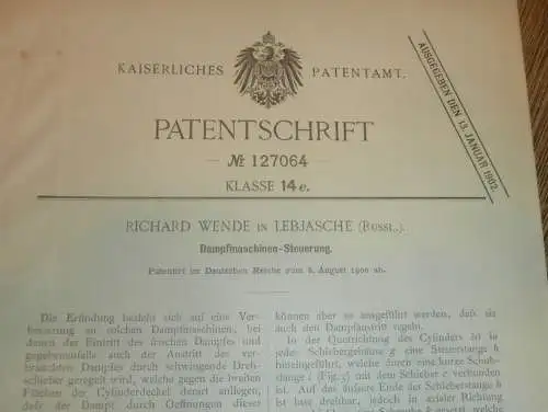 original Patent -  Richard Wende in Lebjasche / Lebjaschje , 8.08.1900 , Steuerung für Dampfmaschine , Russland !!