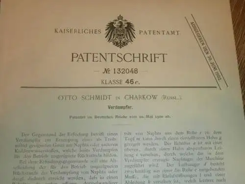 original Patent -  Otto Schmidt in Charkow / Charkiw , 10.05.1900 , Verdampfer , Naphta , Gas , Russland !!