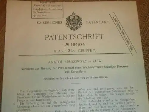 original Patent -  Anatol Krukowsky in Kiew , 25.10.1906 , Messung von Wechselstrom , Russland !!