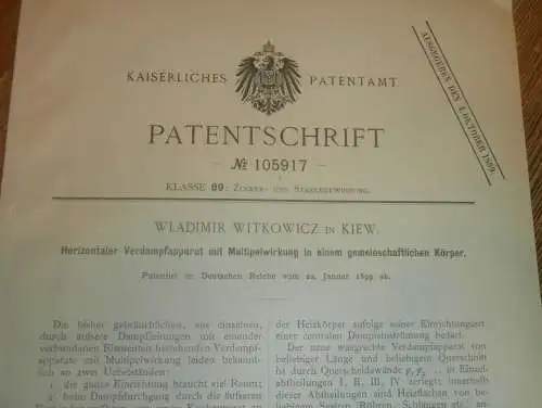 original Patent -  Wladimir Witkowicz in Kiew , 22.01.1899 , Apparat für Zuckerfabrik , Zucker , Russland !!