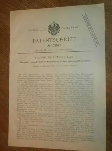 original Patent -  Wladimir Witkowicz in Kiew , 22.01.1899 , Apparat für Zuckerfabrik , Zucker , Russland !!