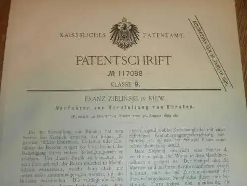 original Patent -  Franz Zielinskis in Kiew , 30.08.1899 , Herstellung von Bürsten , Russland !!