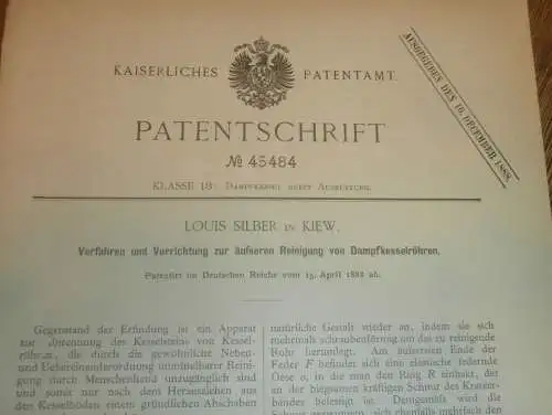 original Patent -  Louis Silber in Kiew , 15.04.1888 , Dampfkessel , Dampfmaschine , Russland !!