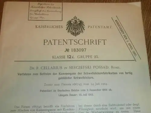 original Patent -  Dr. R. Cellarius in Sergiefski Possad / Sergijew Possad , 2.12.1904 , Schwefelsäure , Russland !!