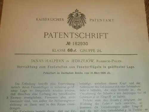 original Patent -  Janas Halpern in Jedrzejów i. Polen , 10.03.1906 , Fensterbau , Fenster , Lüftung , Russland !!