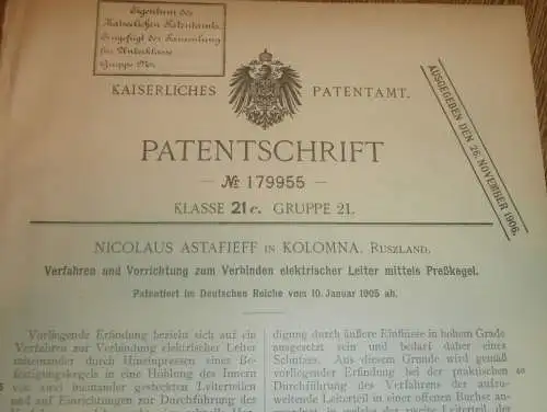 original Patent -  Nicolaus Astafieff in Kolomna , 10.01.1905 , Apparat für elektrische Leitungen , Elektrik Russland !!