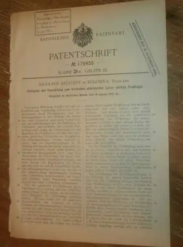 original Patent -  Nicolaus Astafieff in Kolomna , 10.01.1905 , Apparat für elektrische Leitungen , Elektrik Russland !!