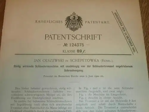 original Patent - Jan Olszewski in Schepetowka / Schillkojen , 7.06.1900 , Kaliningrad , Schleudermaschine , Russland !!