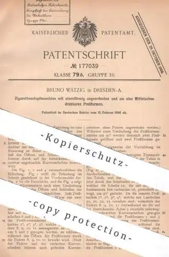 original Patent - Bruno Wätzig , Dresden , 1906 , Zigarettenstopfmaschine | Zigaretten - Stopfmaschine | Tabak | Pressen