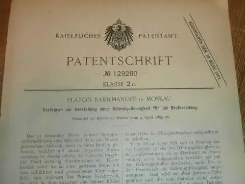 original Patent - Platon Rakhmanoff in Moskau , 5.04.1899 , Gährung von Brot , Bäckerei , Bäcker , Russland !!!