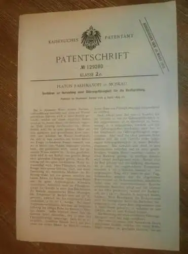 original Patent - Platon Rakhmanoff in Moskau , 5.04.1899 , Gährung von Brot , Bäckerei , Bäcker , Russland !!!