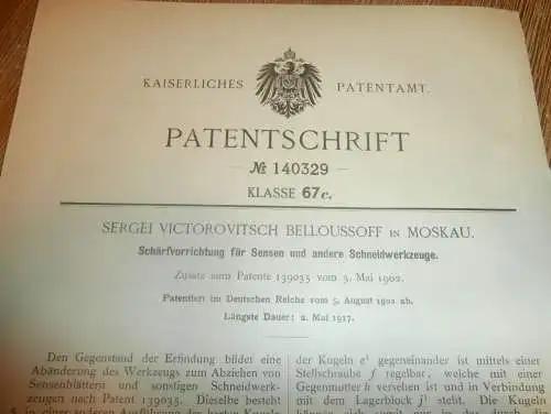 original Patent - Sergei Belloussoff in Moskau , 5.08.1902 , Schärfapparat für Sensen , Sense , Russland !!!