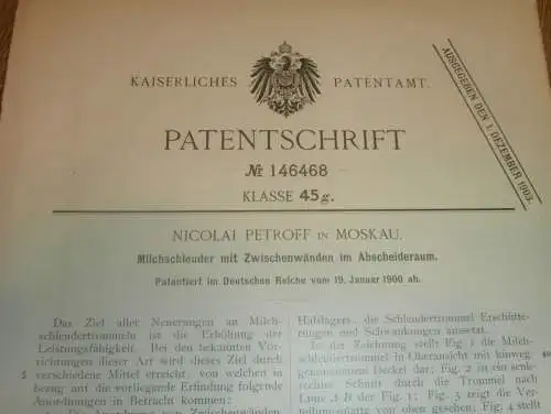 original Patent - Nicolai Petroff in Moskau , 19.01.1900 , Milchschleuder , Molkerei , Milch , Russland !!!