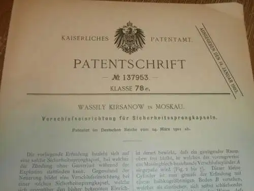 original Patent - Wassily Kirsanow in Moskau , 24.03.1901 , Sprengkapsel , Sprengung , Granate , Russland !!!