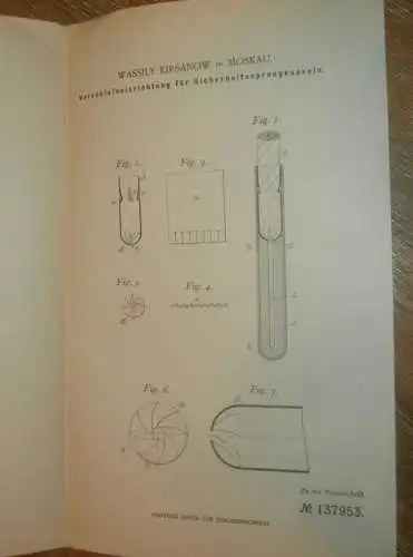 original Patent - Wassily Kirsanow in Moskau , 24.03.1901 , Sprengkapsel , Sprengung , Granate , Russland !!!