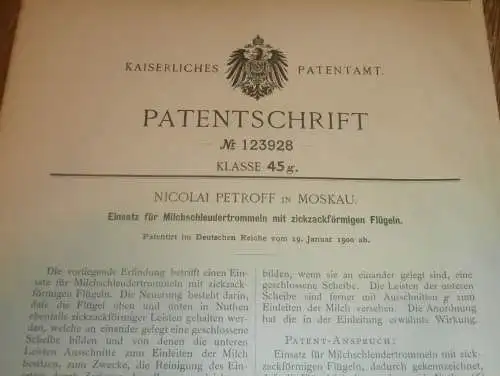 original Patent - Nicolai Petroff in Moskau , 19.01.1900 , Milch-Schleudertrommel , Molkerei , Milch , Russland !!!