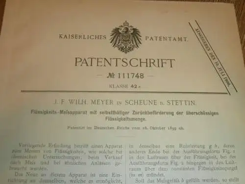 original Patent - Wilhelm Meyer in Scheune b. Stettin , 28.10.1899 , Messapparat für Verkauf !!!