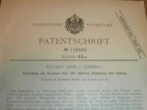 original Patent - Eduard Janik in Lemberg / Lwiw , 8.04.1900 , Apparat für Münzen , Geld !!!