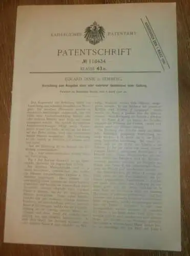 original Patent - Eduard Janik in Lemberg / Lwiw , 8.04.1900 , Apparat für Münzen , Geld !!!