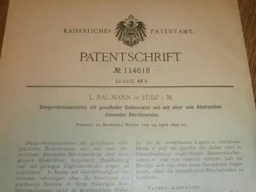 original Patent - L. Baumann in Lübz i. Mecklenburg , 25.04.1899 , Düngerstreumaschine , Dünger , Agrar , Landwirtschaft