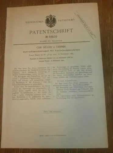 original Patent - Chr. Müller in Demmin i. Mecklenburg ,25.11.1886 , Torfstechmaschine , Torf  !!