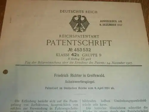 original Patent - Friedrich Richter in Greifswald i. Mecklenburg , 8.04.1924 , Scheinwerfer-Spiegel für  Automobile !!