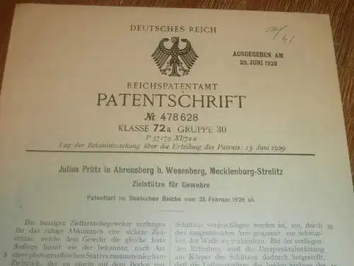 original Patent - Julius Prütz in Ahrensberg b. Wesenberg i. Mecklenburg , 23.02.1928 , Zielstütze , Jäger , Jagd  !!