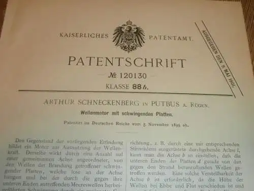 original Patent - Arthur Schneckenberg in Putbus a. Rügen i. Mecklenburg , 5.11.1899 , Apparat für Meereswellen !!