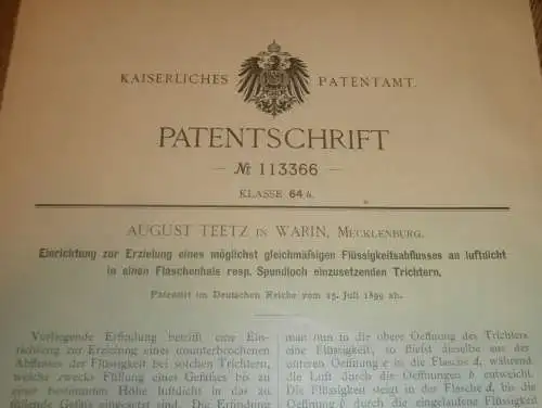 original Patent - August Teetz in Warin i. Mecklenburg , 15.07.1899 , Ablauf bei Flaschen  !!