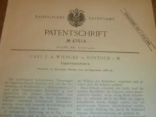 original Patent - Carl Wiencke in Rostock i. Mecklenburg , 28.09.1888 , Cigarrenscheere , Zigarren , Tabak , Zigarre !!