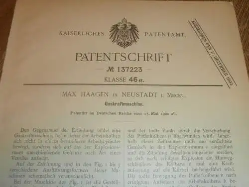 original Patent - Max Haagen in Neustadt i. Mecklenburg , 17.05.1902 , Gaskraftmaschine , Gasmotor , Motor !!