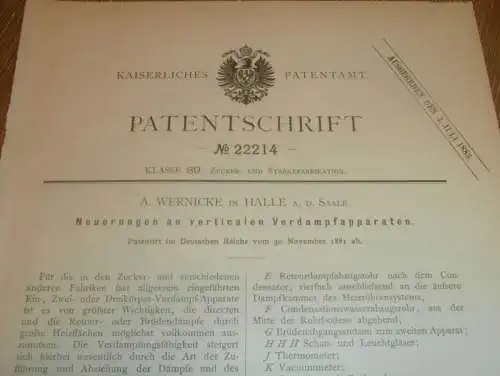 original Patent - A. Wernicke in Halle a. Saale , 30.11.1881 , Apparat für Zuckerfabrik !!