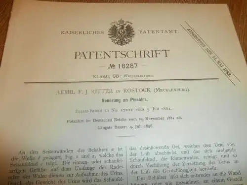 original Patent - Aemil F.J. Ritter in Rostock i. Mecklenburg , 24.11.1881 , Pissoirs , Toilette , WC , Sanitär !!