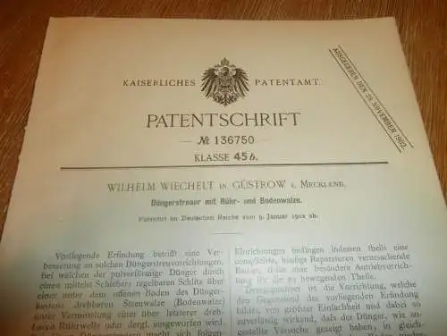 original Patent - Wilhelm Wiechelt in Güstrow i. Mecklenburg , 9.01.1902 , Düngerstreuer , Landwirtschaft , Agrar  !!