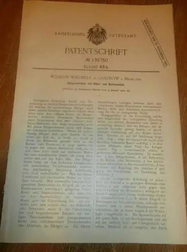 original Patent - Wilhelm Wiechelt in Güstrow i. Mecklenburg , 9.01.1902 , Düngerstreuer , Landwirtschaft , Agrar  !!