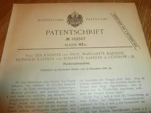 original Patent - Ida Kaehler in Güstrow i. Mecklenburg , 21.11.1903 , Flachs-Raufmaschine , Ernte , Flachs !!