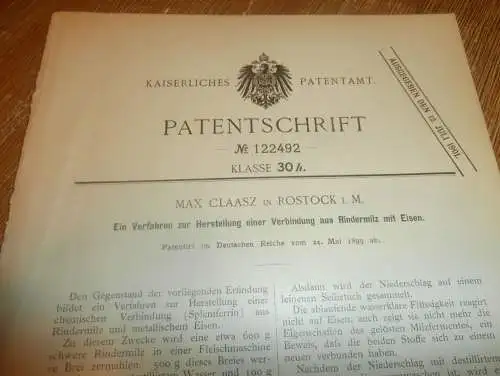 original Patent - Max Claas in Rostock i. Mecklenburg , 24.05.1899 , Rindermilz mit Eisen , Fleischmaschine !!