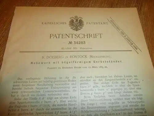 original Patent - R. Dolberg in Rostock i. Mecklenburg , 17.03.1885 , Hebewerk mit Gerüstständer !!