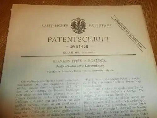 original Patent - Hermann Perls in Rostock i. Mecklenburg , 22.09.1889 , Briefkasten für Post , Postkasten !!