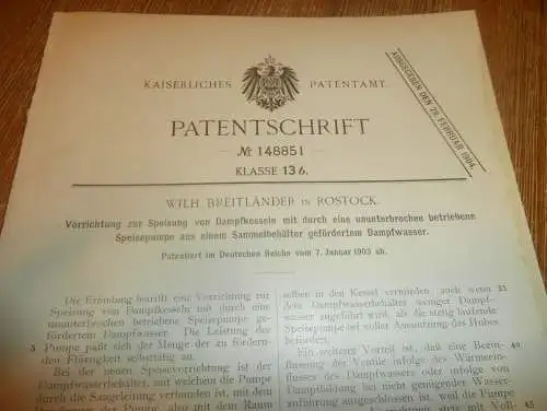 original Patent - Wilhelm Breitländer in Rostock i. Mecklenburg , 7.01.1903 , Apparat für Dampfmaschine !!