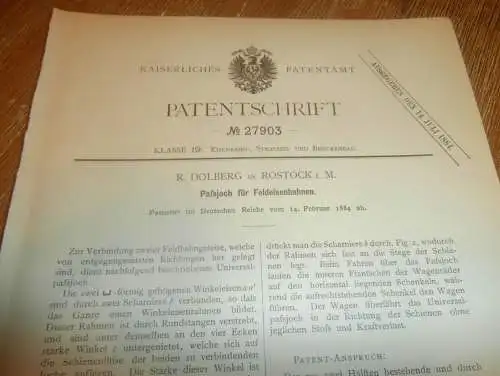 original Patent - R. Dolberg in Rostock i. Mecklenburg , 14.02.1884 , Paßjoch für Feldbahn , Eisenbahn !!