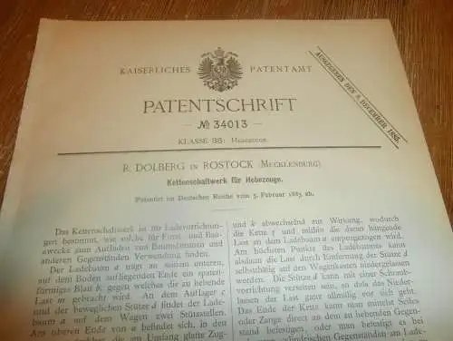 original Patent - R. Dolberg i. Mecklenburg , 5.02.1885 , Kettenschaltwerk für Forst und Bau !!