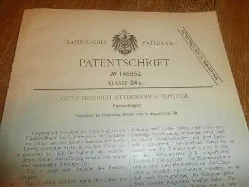 original Patent - Otto Heinrich Heydemann in Rostock i. Mecklenburg , 2.08.1902 , Fänger für Lokomotive , Eisenbahn !!