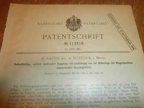 original Patent - H. Raths in Rostock i. Mecklenburg , 9.07.1899 , Kupplung für Wagen , Automobile !!