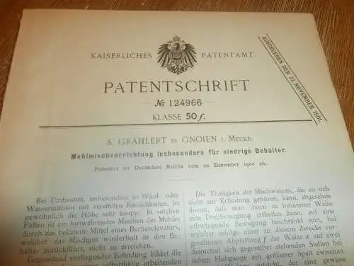 original Patent - A. Grählert in Gnoien i. Mecklenburg , 20.12.1900 , Apparat für Windmühle und Wassermühle !!