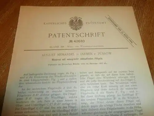 original Patent - August Mehardel in Jarmen b. Züssow i. Mecklenburg , 22.02.1887 , Windrad , Windmühle  !!