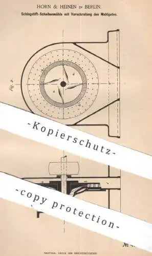 original Patent - Horn & Heinen , Berlin , 1887 , Schlagstift - Scheibenmühle | Mühle , Mühlen , Schroten , Getreide !!