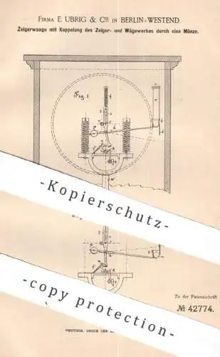 original Patent - E. Urbig & Cie , Berlin / Westend , 1887 , Zeigerwaage | Waage , Zeigerwerk , Gewicht | Münze